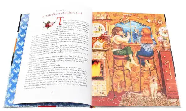 Open children’s storybook featuring Snow Queen illustration from Hans Christian Andersen Open children’s storybook featuring Snow Queen illustration from Hans Christian Andersen