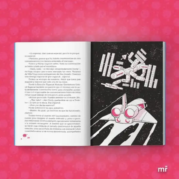 Pink and white Trolardy 5: Star Team spaceship book on black background Pink and white Trolardy 5: Star Team spaceship book on black background