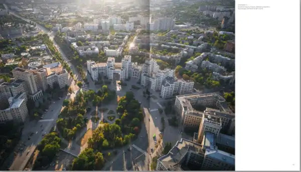 Aerial view of a city with central square and buildings in Ukraine from Above Bohdan Logvinenko Ukrainian Edition large-format photo book Aerial view of a city with central square and buildings in Ukraine from Above Bohdan Logvinenko Ukrainian Edition large-format photo book