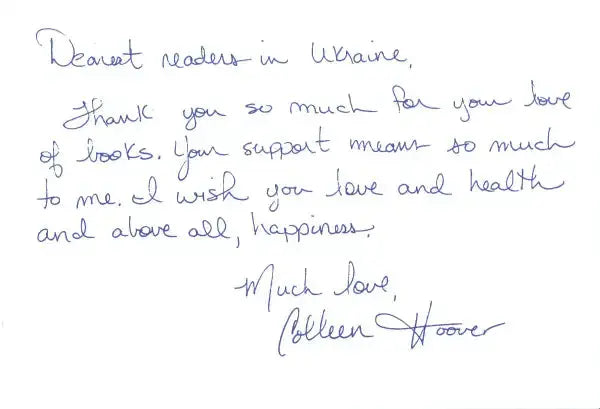 Handwritten note from the Ukrainian edition of Colleen Hoover’s psychological thriller Verity Handwritten note from the Ukrainian edition of Colleen Hoover’s psychological thriller Verity