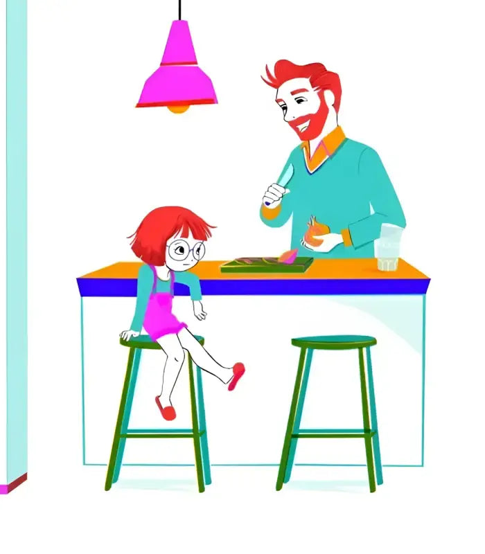 Cartoon father and daughter in kitchen.