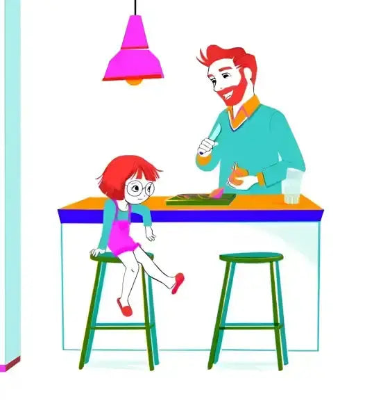 Cartoon father and daughter in kitchen from Violetta’s Two Dads children’s book on family diversity Cartoon father and daughter in kitchen from Violetta’s Two Dads children’s book on family diversity