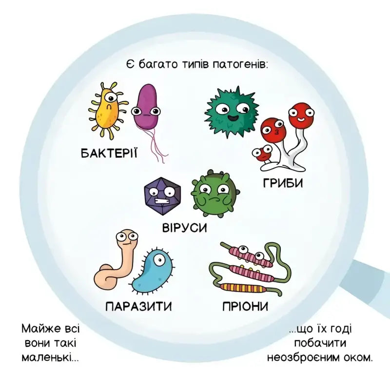Cartoon pathogens under a magnifying glass from Carlos Pazos children’s book on complex scientific concepts
