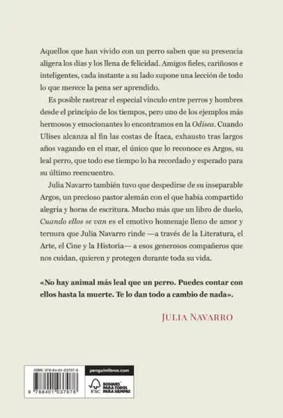 Book cover Ellos Se Van by Julia Navarro with dog-human bond quote Book cover Ellos Se Van by Julia Navarro with dog-human bond quote