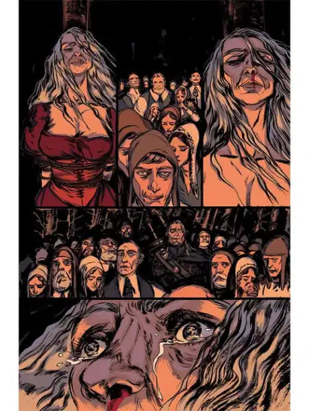 Witch’s Lament graphic fantasy comic page featuring a crying woman and somber crowd by Bartosz Shtybor Witch’s Lament graphic fantasy comic page featuring a crying woman and somber crowd by Bartosz Shtybor