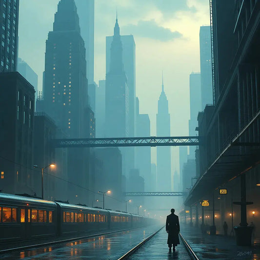 Rainy city train station evokes the literary journey through Ayn Rand’s books