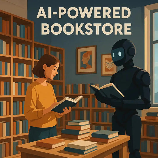 AI-powered Ukrainian bookstore scene showcasing artificial intelligence insights at a physical bookstore location