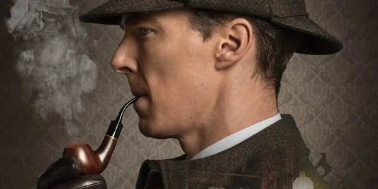 Benedict Cumberbatch as Sherlock Holmes smoking a pipe, a timeless literary character by Arthur Conan Doyle