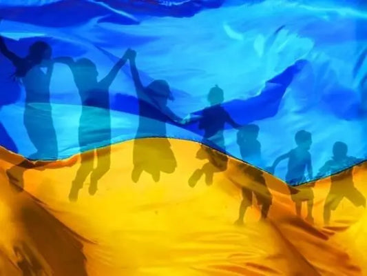 Ukrainian flag with children silhouettes symbolizing lost generation and stolen homeland