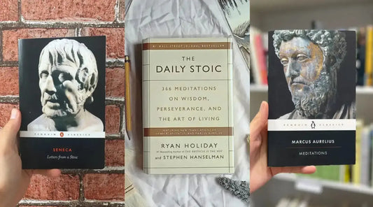 Three books on Stoicism including works by Ryan Holiday, Marcus Aurelius, and Stephen Hanselman