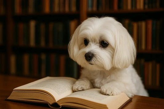 White dog with open book at Valerii Staryk Ukrainian bookstore Booklya bookstore