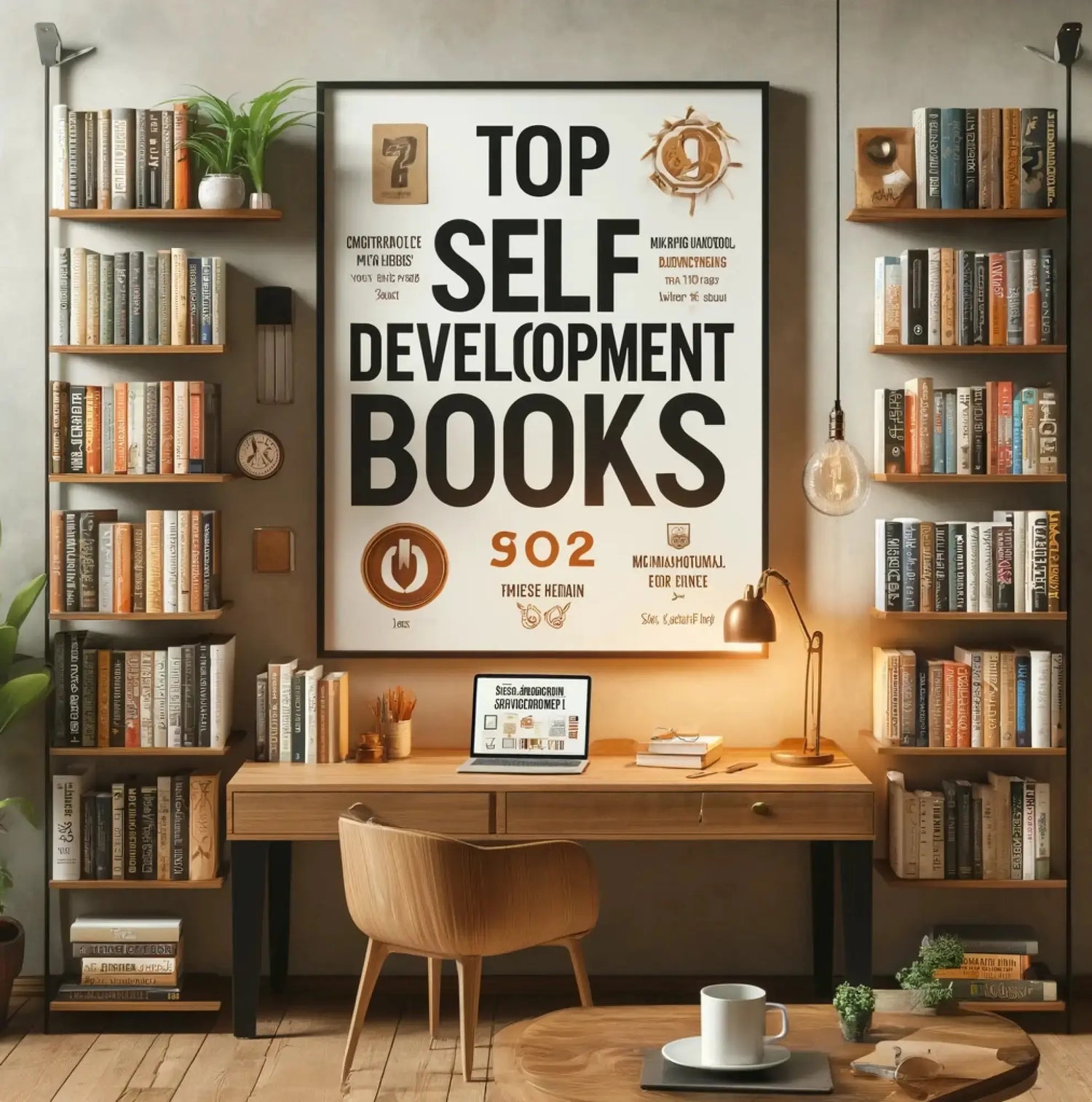 Home office setup with bookshelves featuring a collection of English books and book set in Self-Development Books collection