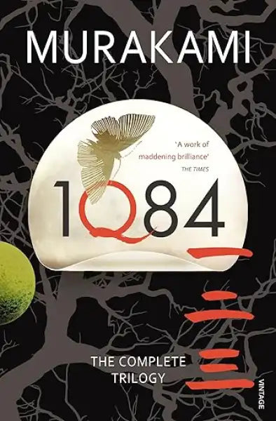 1Q84 Complete Trilogy by Haruki Murakami with surreal black and white cover and two moons