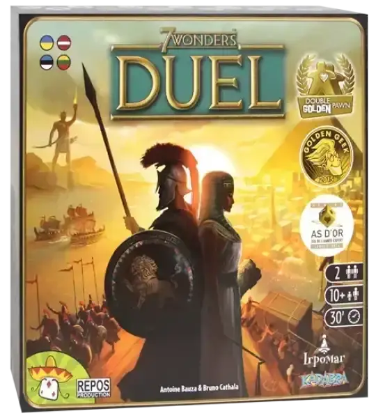 7 wonders duel board game box with golden title and warrior artwork