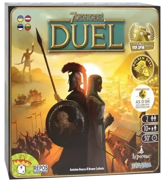 7 wonders duel board game box with golden title and warrior artwork