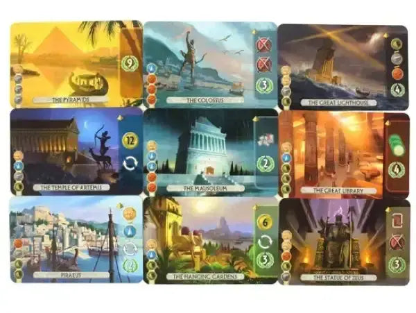 9 illustrated 7 Wonders Duel cards with ancient wonders like pyramids