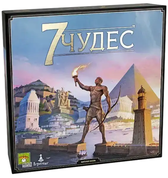 7 Wonders Second Edition board game box with golden title and ancient monuments