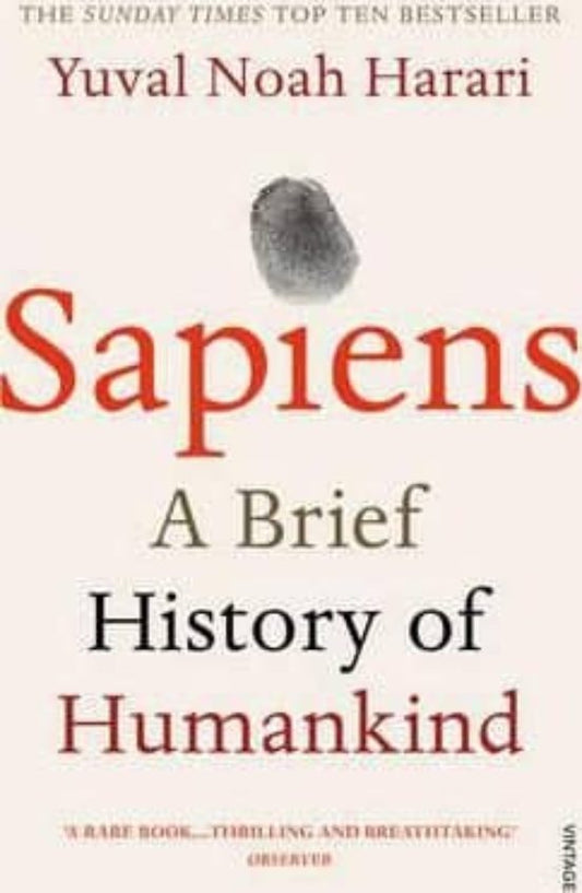 Cover of "Sapiens: A Brief History of Humankind" by Yuval Noah Harari, a bestselling book on human evolution and impact.