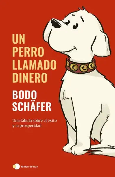 Cartoon white dog with floppy ears, smiling, red collar with euro symbols by Bodo Schäfer