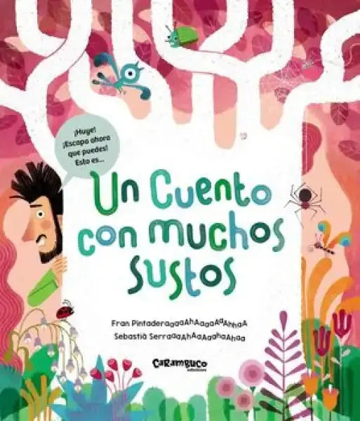 Whimsical picture book cover Muchos sustos by Fran Pintadera with insects in pink green trees