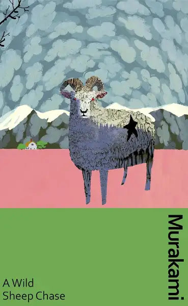 Black star sheep statue in A Wild Sheep Chase on pink background