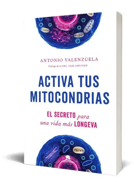 White hardcover book Activa tus mitocondrias by Antonio Valenzuela with mitochondria illustrations