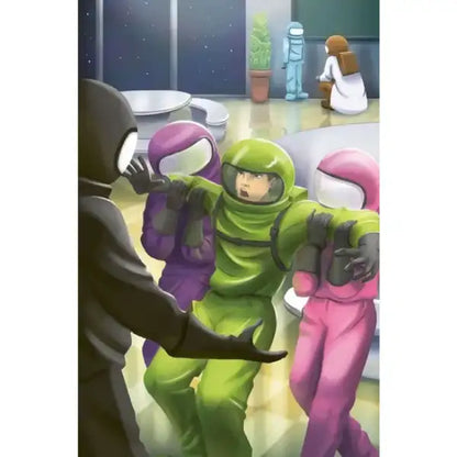 Among Us characters in tense scene from Ukrainian hardcover sci-fi mystery book