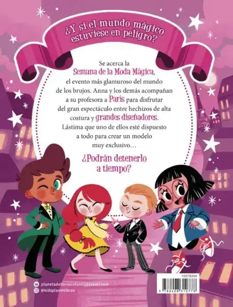 Back cover of Anna Kadabra book 4: The Rescue of the Phoenix with cartoon characters in formal attire on purple cityscape
