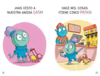 Blue cartoon character with purple hair pulling yellow toy wagon in Sally Rippin books with coraje