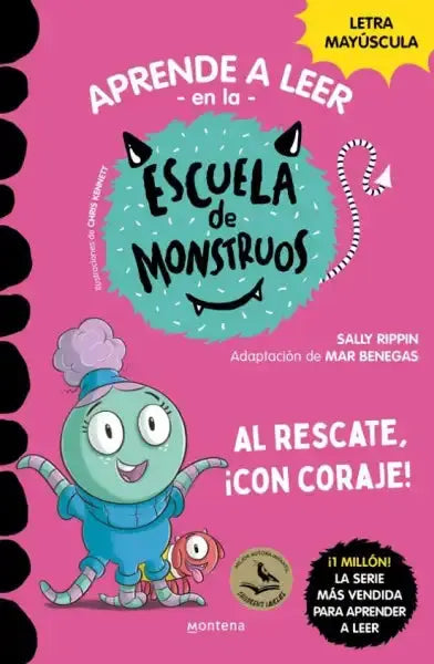 Vibrant pink Escuela de Monstruos book cover with teal monster in overalls and hat, Al rescate con coraje by Sally Rippin