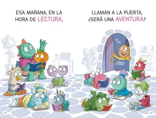 Cheerful cartoon dragon in green hat holds book at archway, Aprender a leer con coraje