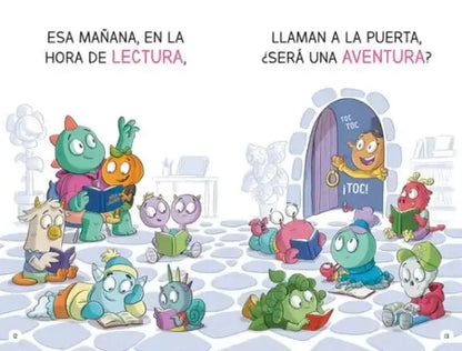 Cheerful cartoon dragon in green hat holds book at archway, Aprender a leer con coraje