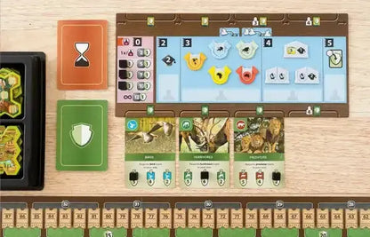 Ark Nova board game with wooden board, animal cards, and sand timer