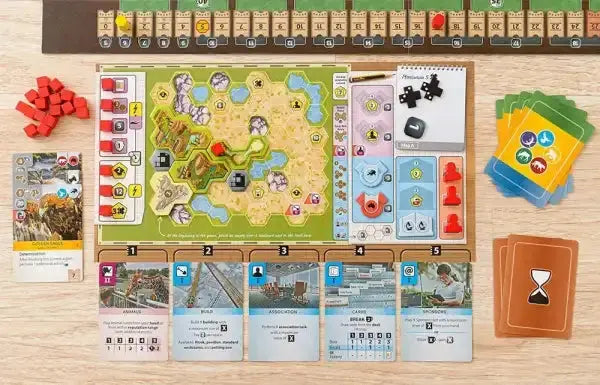 Ark Nova board game hexagonal landscape with green terrain, water, and rocks