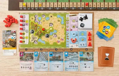 Ark Nova board game hexagonal landscape with green terrain, water, and rocks