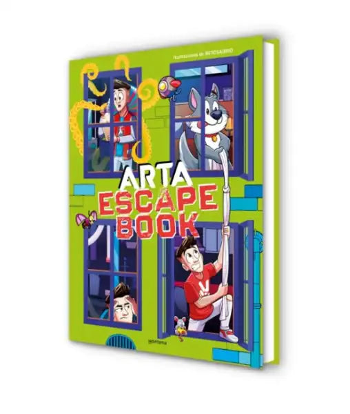 Bright green Arta Game Escape Book Máximo with colorful cartoon cover