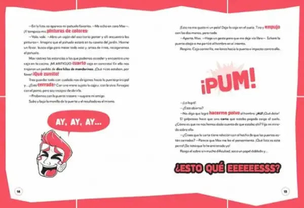 Cartoon red-haired character in white shirt holding pink object in Arta Game Escape Book Máximo