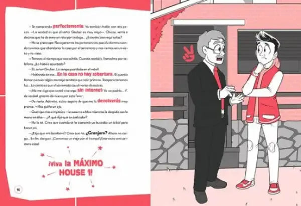 Escape book Máximo: Arta game cartoon scene with two characters at red-bricked house