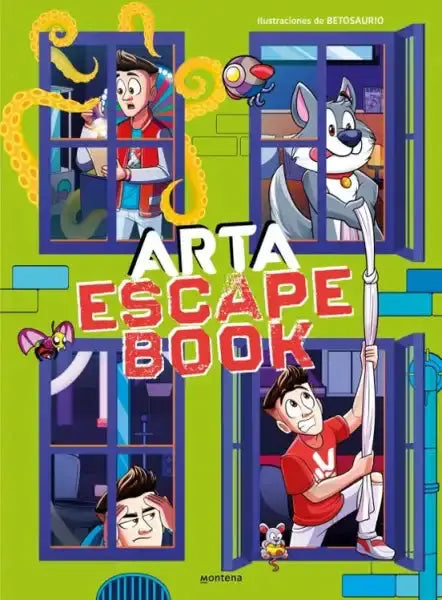 Vibrant green Arta Game Escape Book Máximo cover with cartoon characters
