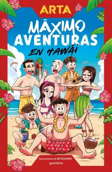 Arta game kids adventure book cover: cartoon characters in Hawaiian beach attire amid tropical hibiscus and palms