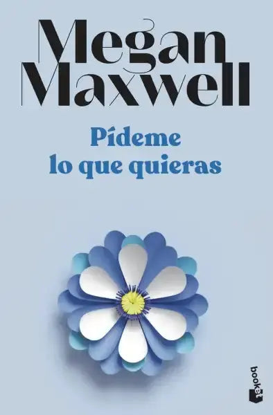 Paper-cut blue white flower yellow center for Megan Maxwell erotic romance Pideme lo que quieras
