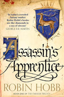 Cover of "Assassin's Apprentice" by Robin Hobb, first book in The Farseer Trilogy, featuring a deer and royal insignia.