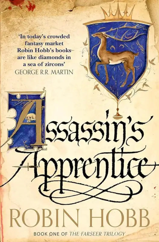 Cover of "Assassin's Apprentice" by Robin Hobb, first book in The Farseer Trilogy, featuring a deer and royal insignia.