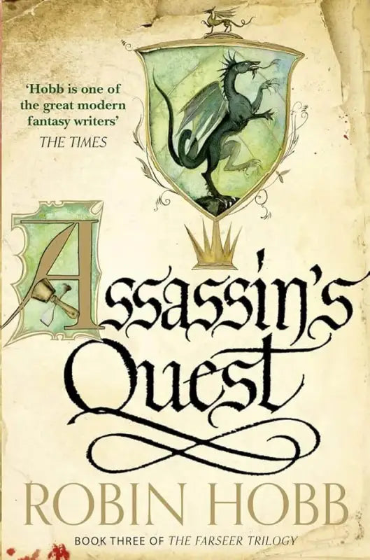 Book cover of "Assassin's Quest" by Robin Hobb, third in the Farseer Trilogy, featuring a dragon motif.