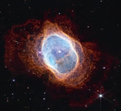 Blue and orange nebula starburst wall art from historian Roger Big Bang book