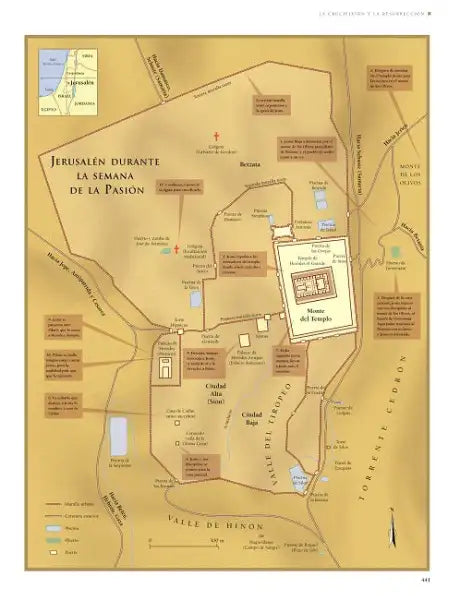 Gold Jerusalem map in Spanish from Biblica Bible Atlas book