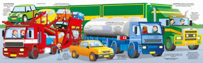 Red and white semi-truck toy with car trailer in Big Trucks book by Megan Callis