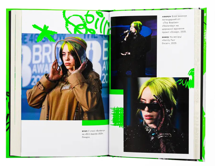Open book featuring Billie Eilish.