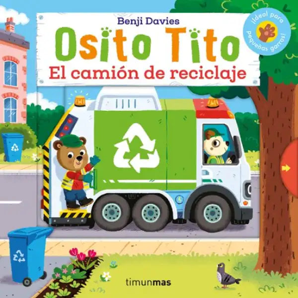 Bizzy Bear recycling truck with green body and red accents, board book illustration