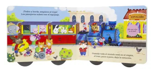 Bizzy Bear Whizzy Wheels train-shaped board book with blue wooden toy train, animal passengers, and station backdrop